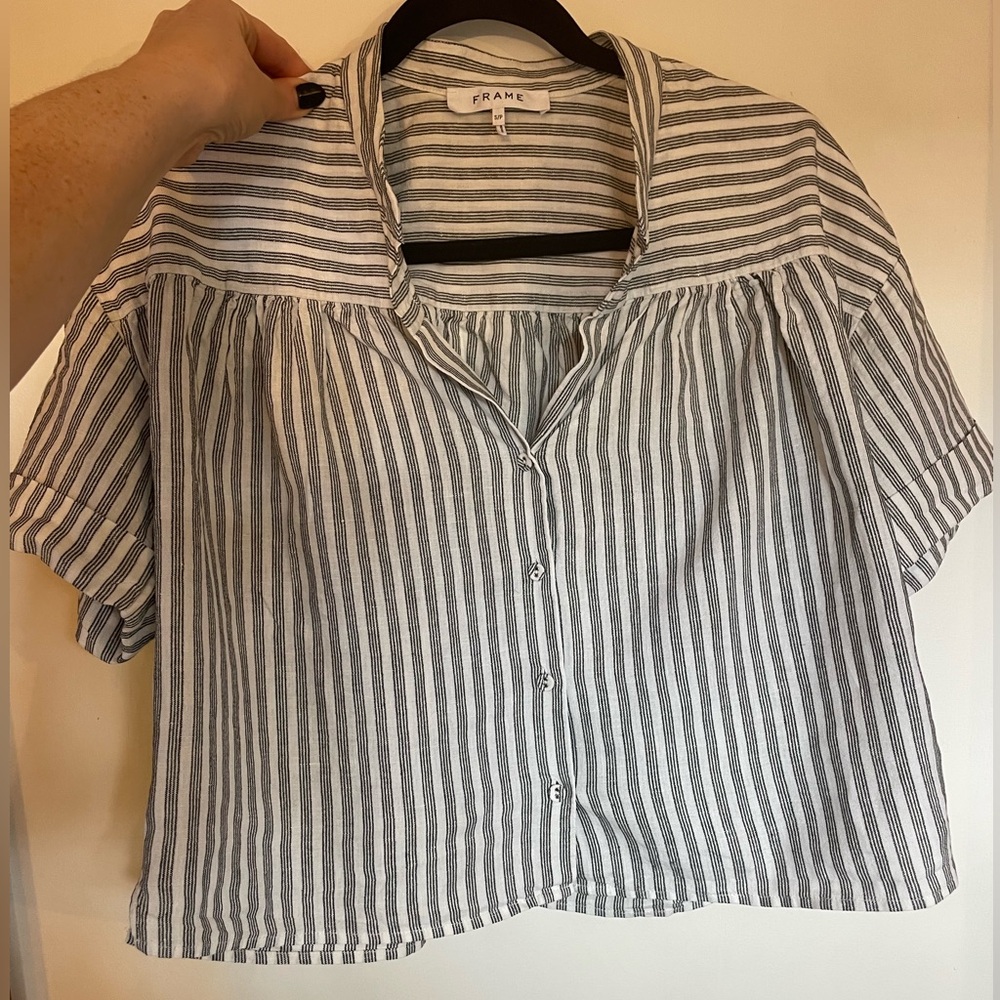 Frame Denim Women's Grey and White Striped Button Down Shirt